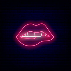 Neon bitting lips sign. Night bright promotion. Intimate items store. Isolated vector stock illustration - obrazy, fototapety, plakaty