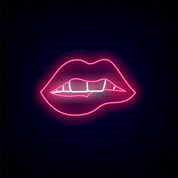 Neon bitting lips sign. Night bright promotion. Intimate items store. Isolated vector stock illustration