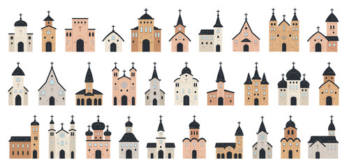 Big set of Church icon. Flat collection of church icons for web design. Vector illustration religion architecture building on white background. Urban elements  - 464252599