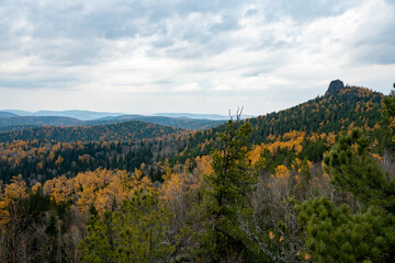 Panorama of the autumn forest against the blue sky with clouds.
