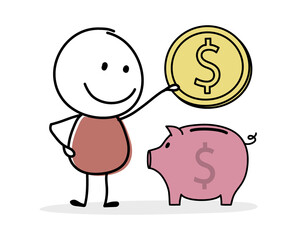 Funny stickman with piggy bank and dollars. Money saving concept. Vector
