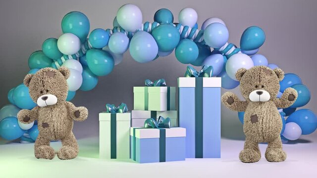 Teddy bears are dancing near to blue gifts and balloons