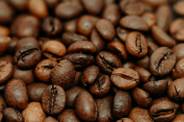 fresh roasted coffee beans as a background. a lot of coffee beans. macro photo of coffee beans