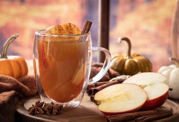 Cup of apple cider with autumn background