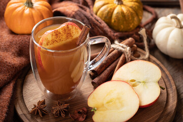 Cup of apple cider with sliced apples and cinnamon