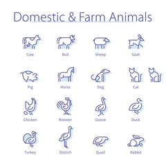 Farm animals. Cow, dog, sheep, cat and chicken © iconicbestiary