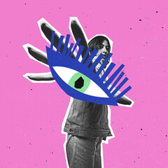 Contemporary art collage of woman and drawn eye element isolated over pink background