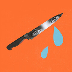 Contemporary art collage of knife with female eyes and teardrops falling isolated over orange background