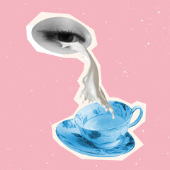 Contemporary art collage of female eye crying with milk into cup isolated over pink background
