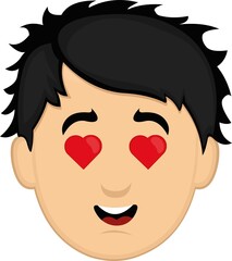 Vector emoticon illustration of the face of a cartoon young man with eyes in the shape of hearts