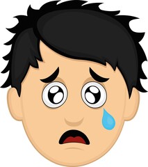 Vector emoticon illustration of the face of a young cartoon man, with a sad expression, tearful eyes and a tear falling from his eye
