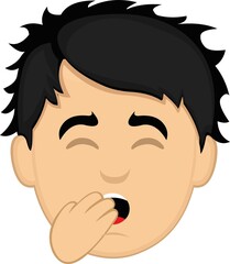 Vector emoticon illustration of the face of a cartoon young man yawning with his hand covering his mouth