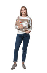 Teenage student with backpack and books on white background