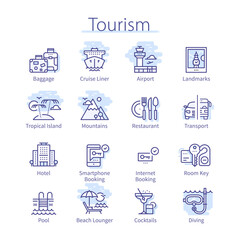 Tourism icons set. Hotel, restaurant, airport pack