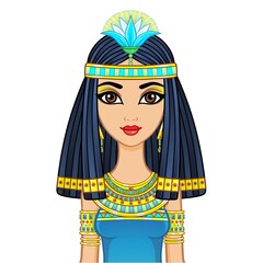 Animation portrait Egyptian  girl in ancient clothes with a papyrus flower on the head. Queen, goddess, princess. Vector illustration isolated on a white background.