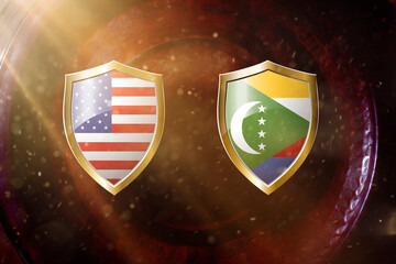 us and comoros flag in golden shield on copper texture background.3d illustration.