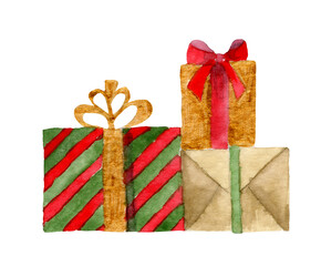Watercolor Gift Boxes with different ribbons for Birthday. Hand painted illustration of Christmas Presents. Sketch for icon or greeting cards design