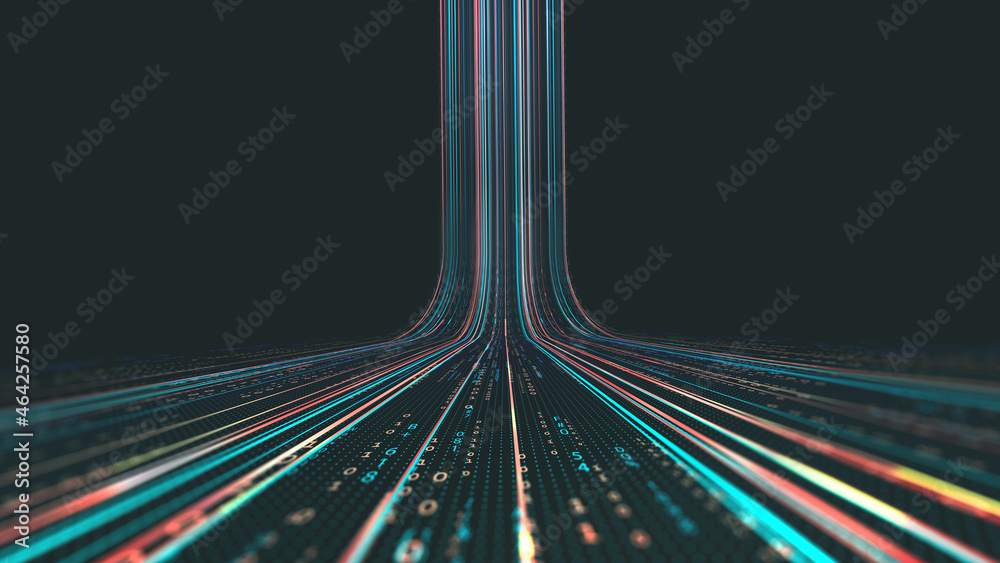 Poster High-speed data transfer. Big data visualization, internet technology 3D illustration. Neural network control, futuristic digital background. Data flow and business intelligence presentation