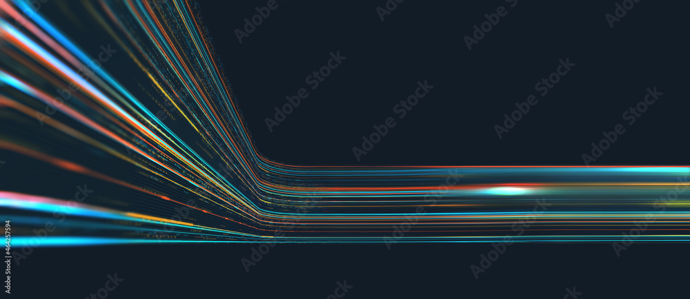 Poster High-speed data transfer. Big data visualization, internet technology 3D illustration. Neural network control, futuristic digital background. Data flow and business intelligence presentation