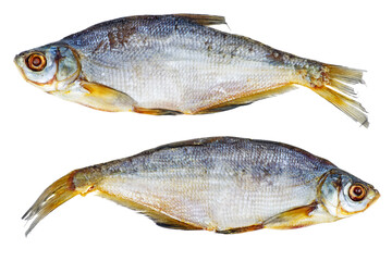 Two cured white-eye bream (Ballerus sapa) fishes isolated on a white background
