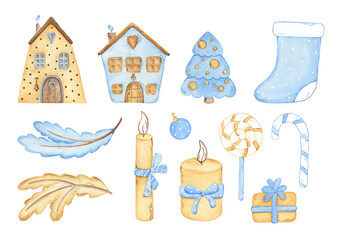 Watercolor winter collection. Gentle isolated elements: houses, Christmas tree, sock, branches, candles, candies, gift. Nice illustration for stickers, souvenirs.