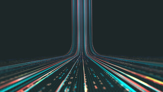 High-speed data transfer. Big data visualization, internet technology 3D illustration. Neural network control, futuristic digital background. Data flow and business intelligence presentation