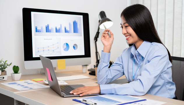 Asian woman working on a laptop with a cheerful and happy smile while working at the office