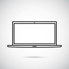 Modern laptop in front, the concept of working at home online, teaching school children and students at home. Black isolated on a white background.