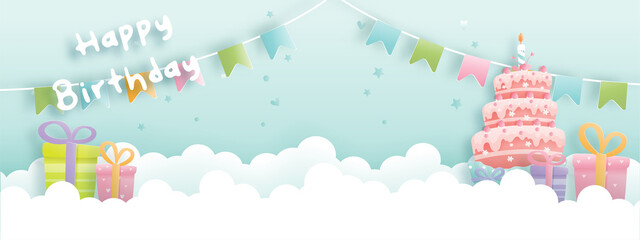 Birthday card banner with cute dinosaur and gift boxes, Birthday cake