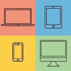 New device icon flat set in black mobile, laptop, computer monitor, tablet on isolated color.