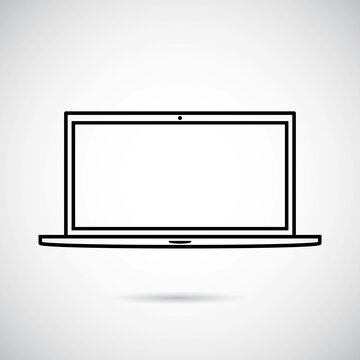Modern laptop in front, the concept of working at home online, teaching school children and students at home. Black isolated on a white background.