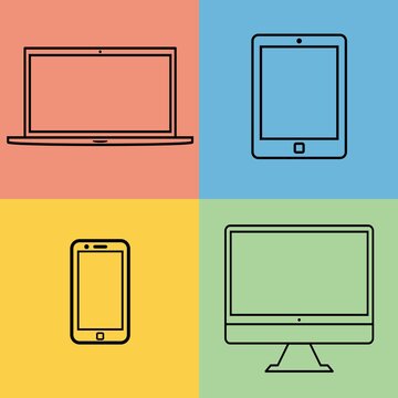 New device icon flat set in black mobile, laptop, computer monitor, tablet on isolated color.