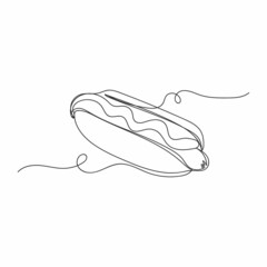 Vector continuous one single line drawing of hot dog fast food in silhouette on a white background. Linear stylized.