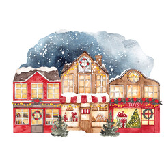 Watercolor Christmas illustration with house and Christmas tree, isolated on white background