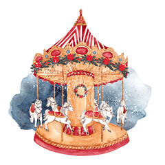 Watercolor Christmas illustration with carousel, isolated on white background © марина васильева