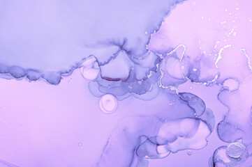 Purple Liquid Paint. Grey Gray Acrylic Ink Background. Abstract Marble Effect. Modern Liquid Paint Waves. Watercolour Fluid Drops. Smoke Alcohol Art Texture. Flow Liquid Paint.