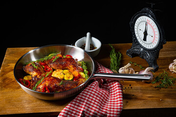 Fried chicken legs with various vegetables and spices