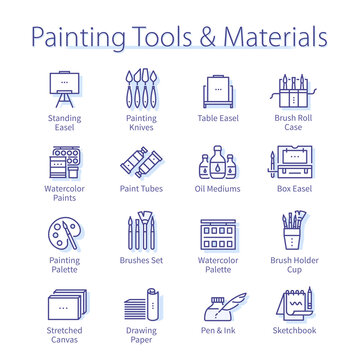 Painting tools and materials pack. Paints, easel