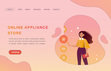 Website design for Appliance store, Online Shopping, Home delivery. Young woman choosing products in an online store. Vector illustration for poster, banner, website, commercial.