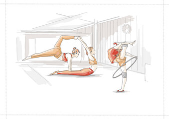 Gymnastics poster, world championship and gymnast performance presentation flat vector illustration