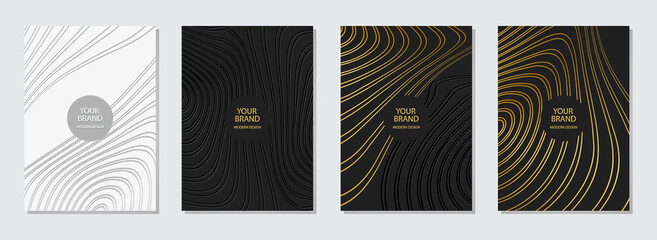 Modern geometric cover design. Dynamic 3D pattern of curved contours, lines. Vertical templates for business background, magazine layout, brochure, booklet, flyer.