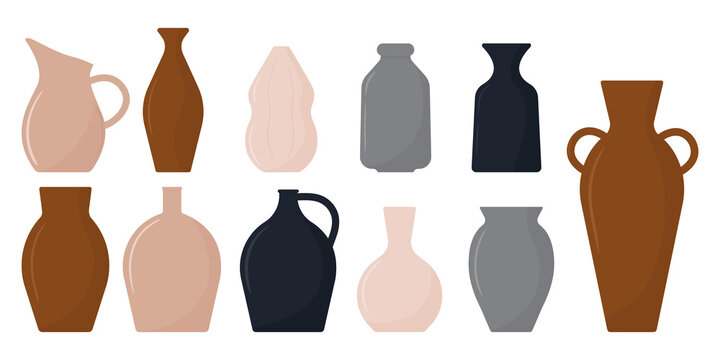 Set of acient ceramic vases of different shapes. Wine jar, amphora,  urn, vase, pot, pitcher. Collection of handmade ceramics. Pottery elements. Vector illustration in flat style