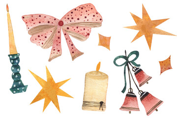 Watercolor set of Christmas decorations with bow, bells, candles and stars 
