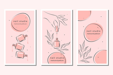 Set of design for nail studio for social media posts and stories, mobile apps. Nail polish, nail brush, manicured female hands. Vector illustrations