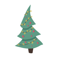 Christmas tree with balls and a garland. Vector illustration in cartoon style. Isolated on white background