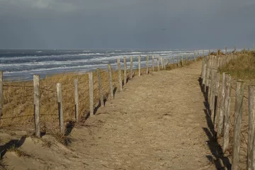 Poster de jardin Mer du Nord, Pays-Bas Clôturé dans un chemin de dunes de sable sur une plage de la mer du Nord avec des vagues sur un matin d& 39 hiver ensoleillé et orageux, Egmond aan Zee, Hollande du Nord, Pays-Bas