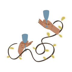 Hands in a garland surrounded by garlands. Holiday concept. Vector illustration in cartoon style. Isolated on white background