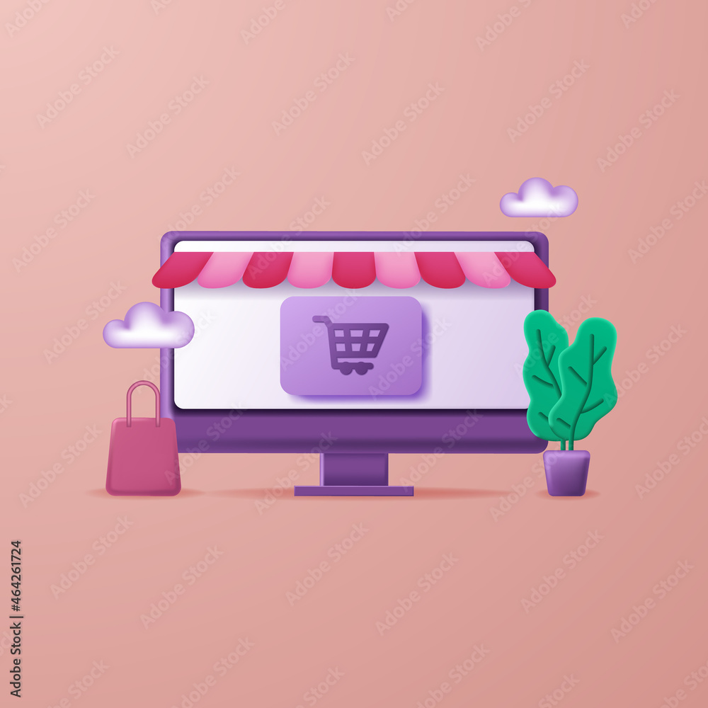 Wall mural desktop computer online shopping eccomerce design with 3d icon element for marketing and business