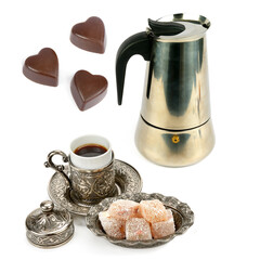 Coffee pot, Turkish coffee isolated and sweets isolated on white. Collage.