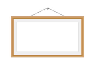 Vector realistic wooden Photo frame hanging on a rope. Horizontal size on a white background. Mockup for photos or pictures. Blank template for design. Front view. EPS10. 